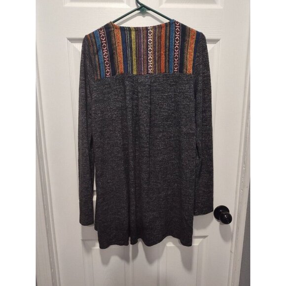 Skonhet Draped Front Open Cardigan Sweater Size XLarge Gray Long Sleeves Stripes - Picture 2 of 12